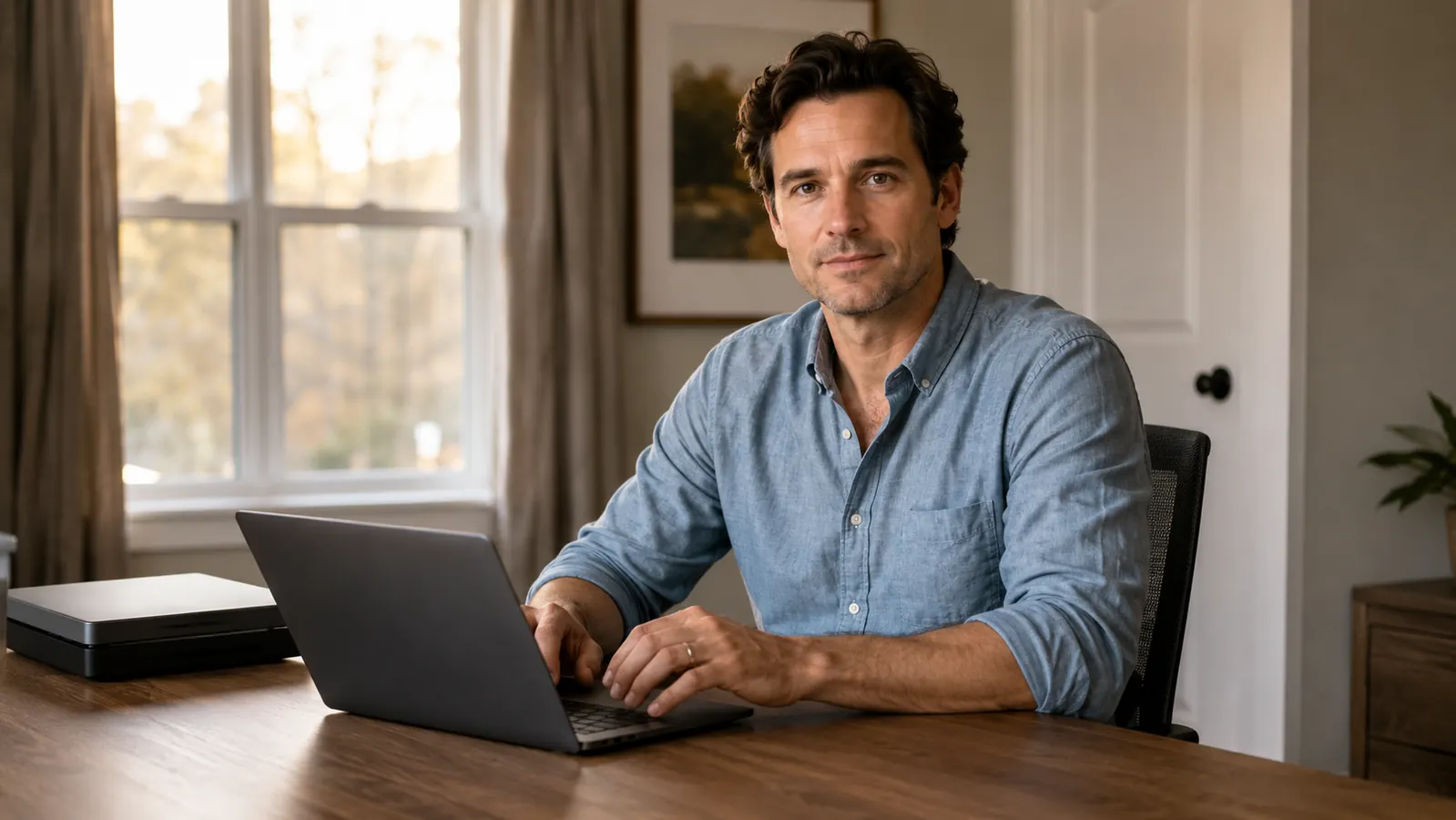 Remote worker at a home office desk closing a laptop with a clear, paper-free desk surface