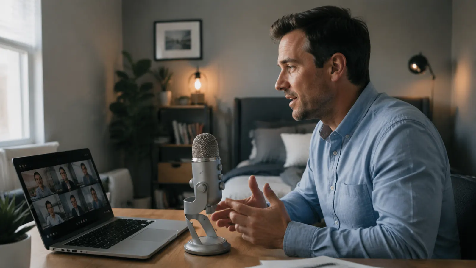 Remote worker speaking confidently into a desktop USB microphone during a video call at his home office desk
