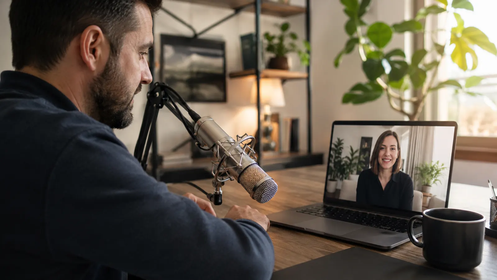 Home office desk setup with a silver USB microphone on a boom arm next to a laptop during a video call