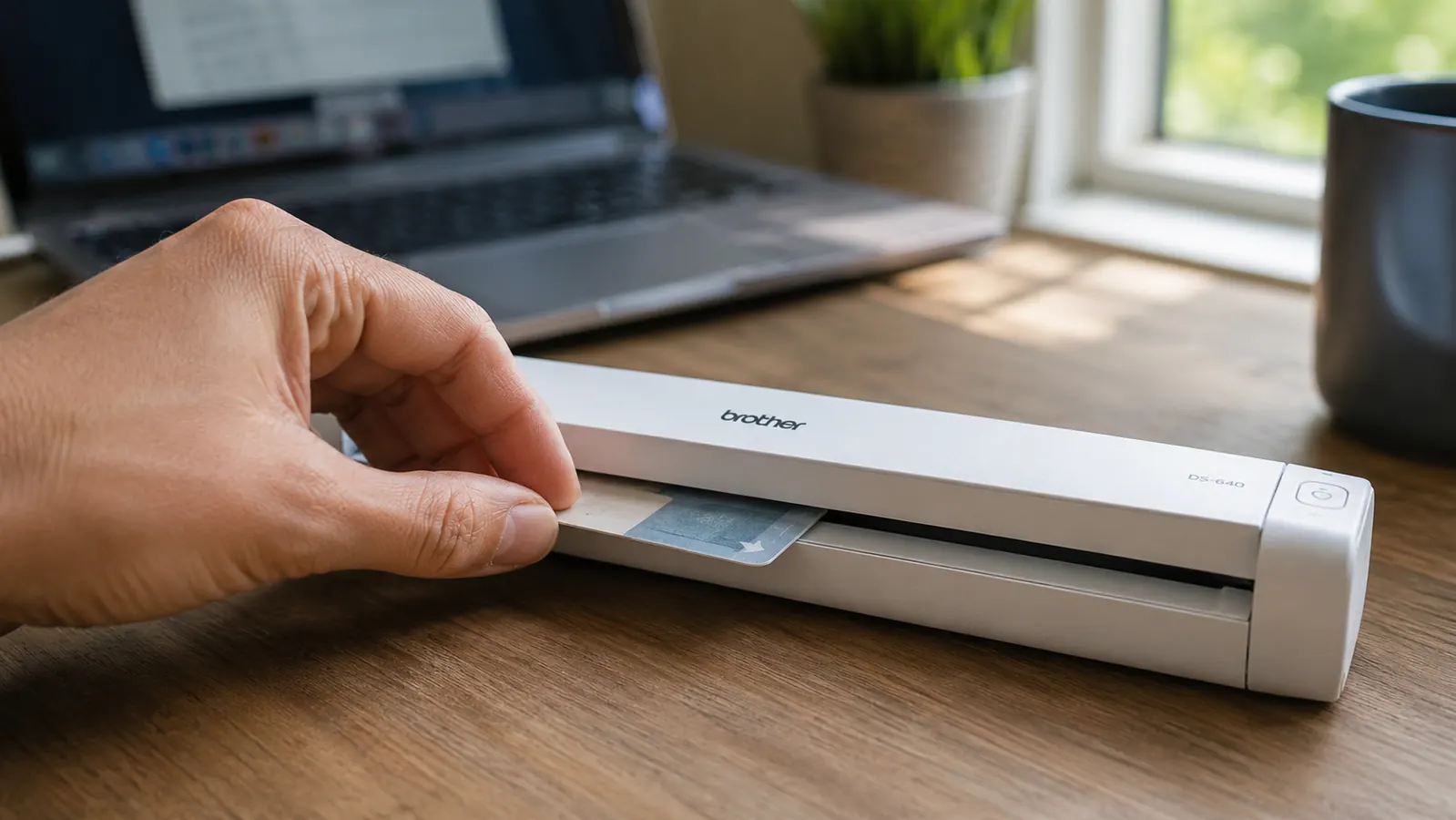 Hand feeding a laminated insurance card into the Brother DS-640 scanner slot on a desk
