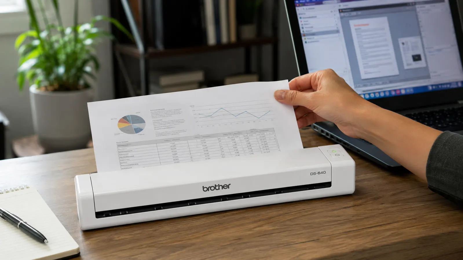 Hand feeding a paper document into the Brother DS-640 scanner slot on a desk
