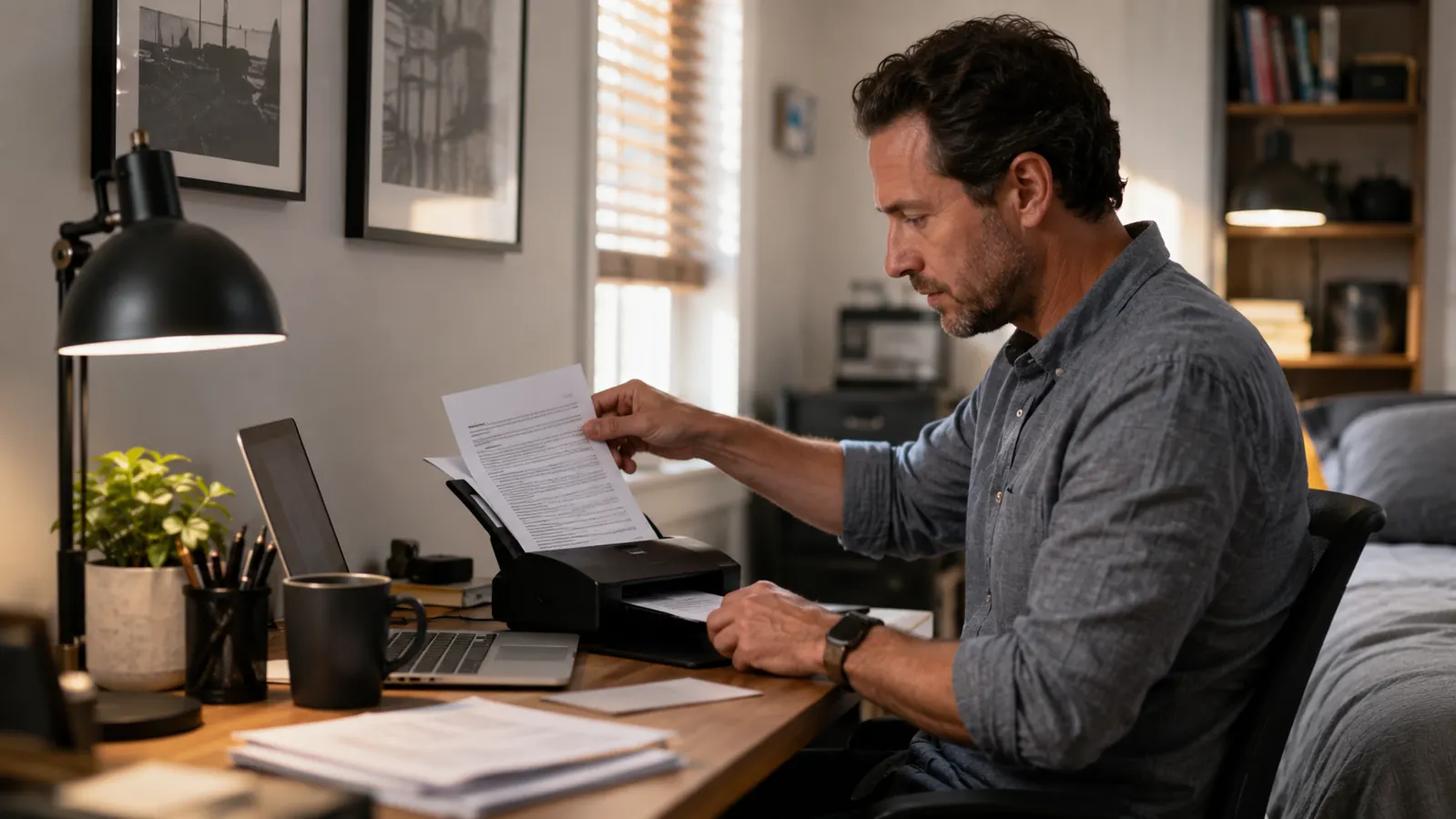 Remote worker at a small home office desk with limited space, scanning a document with a compact scanner
