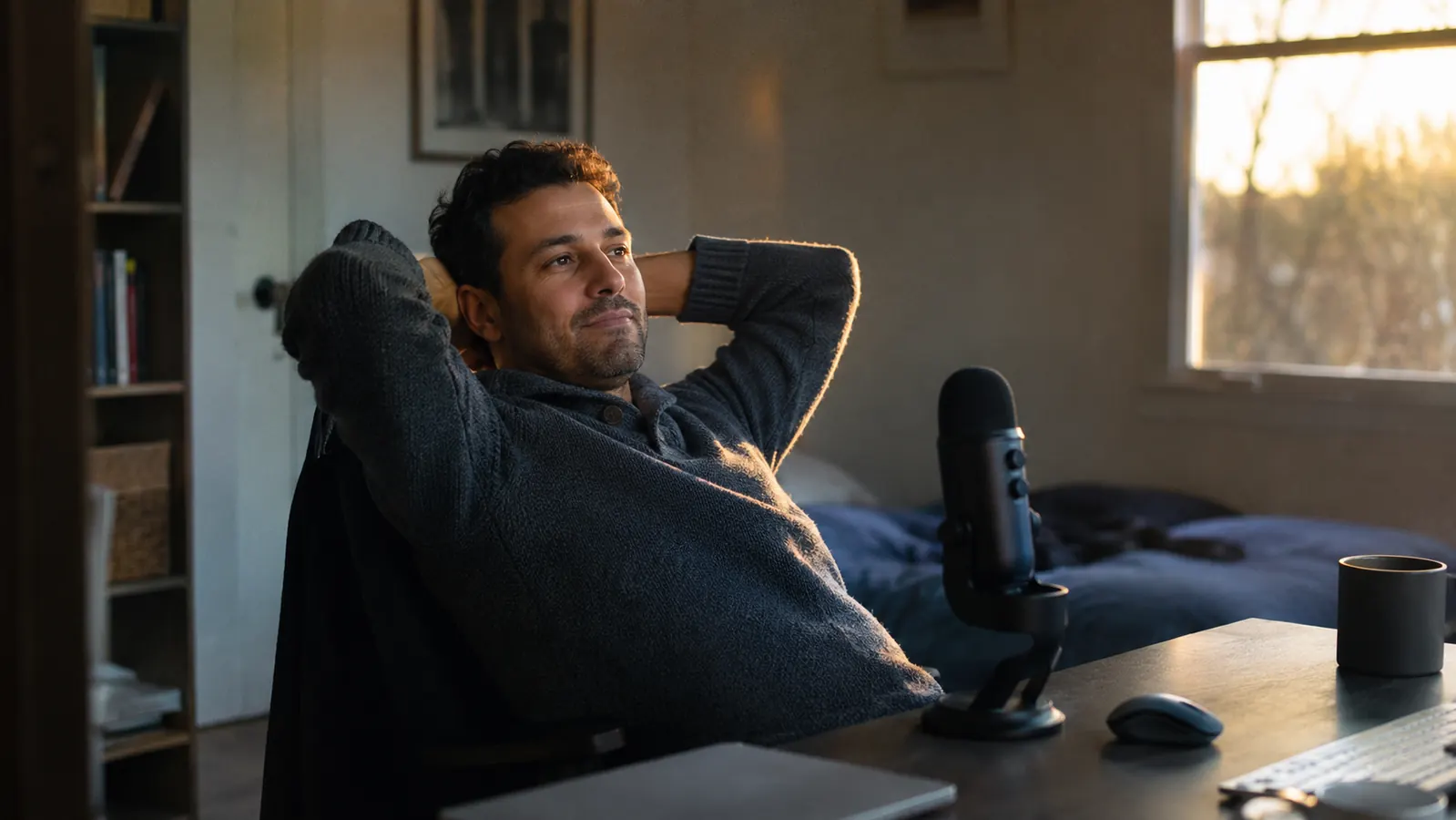 Remote worker leaning back from a desktop microphone after finishing a video call, home office visible in soft evening light