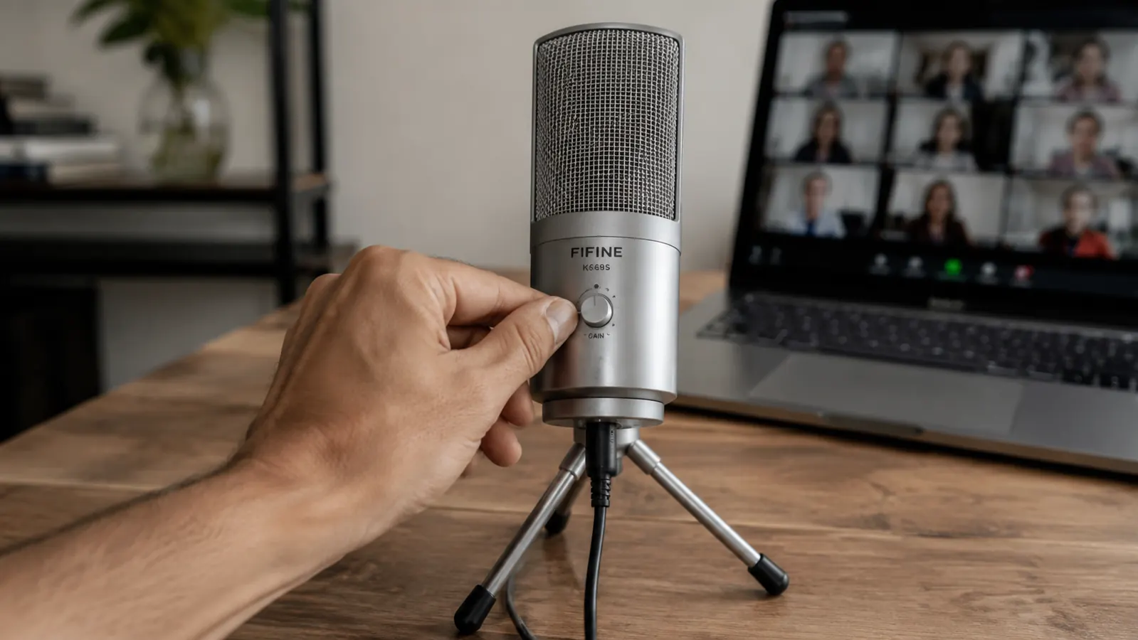 Hand adjusting the gain knob on the FIFINE K669S microphone during a video call setup