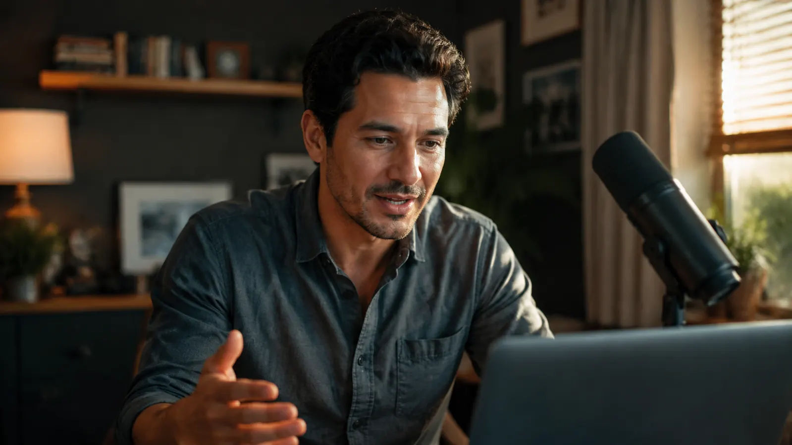 Remote worker on a video call at a tidy home office desk with a desktop microphone positioned near the keyboard
