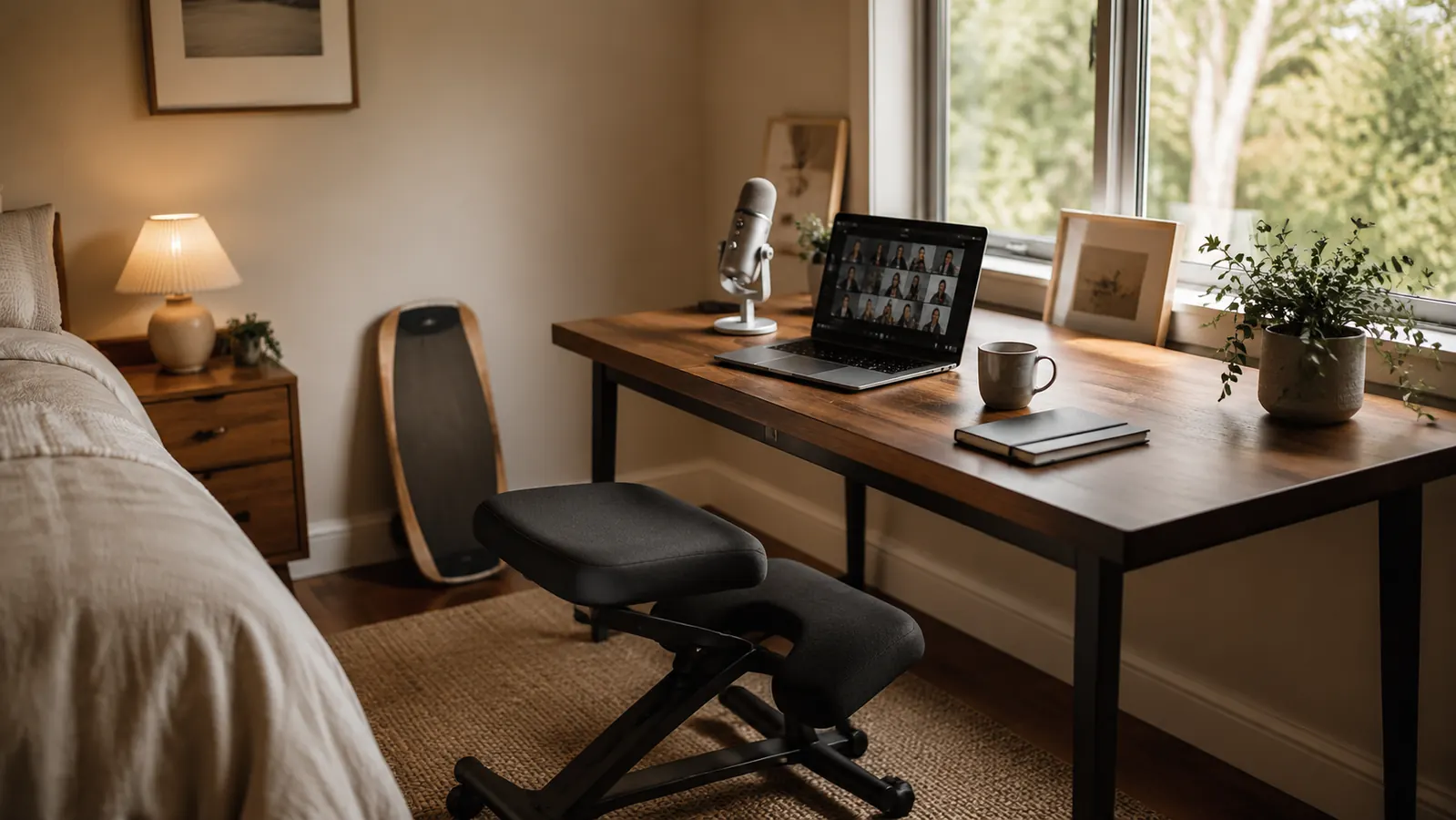 A tidy spare-bedroom home office with a wooden desk, warm lamp light, and organized work gear