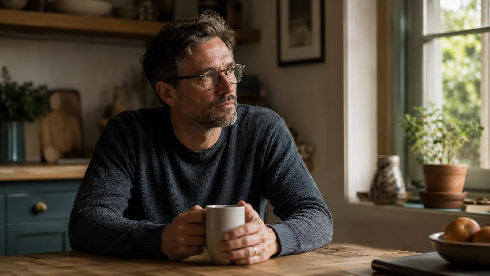 Man sitting at a kitchen table with a cup of coffee in quiet late-morning light, notebook open