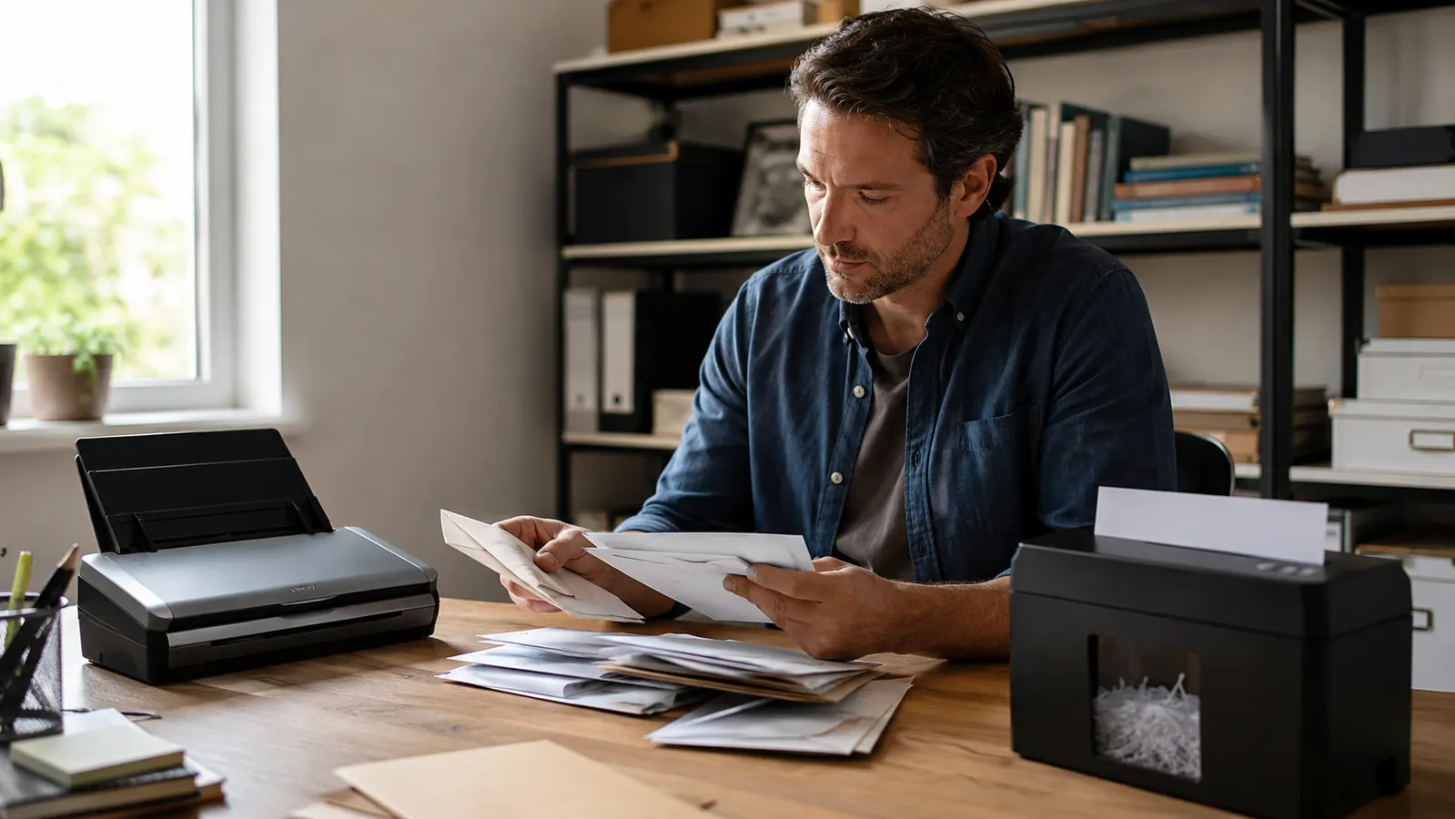 Remote worker at a home office desk sorting a small stack of mail next to a scanner and shredder