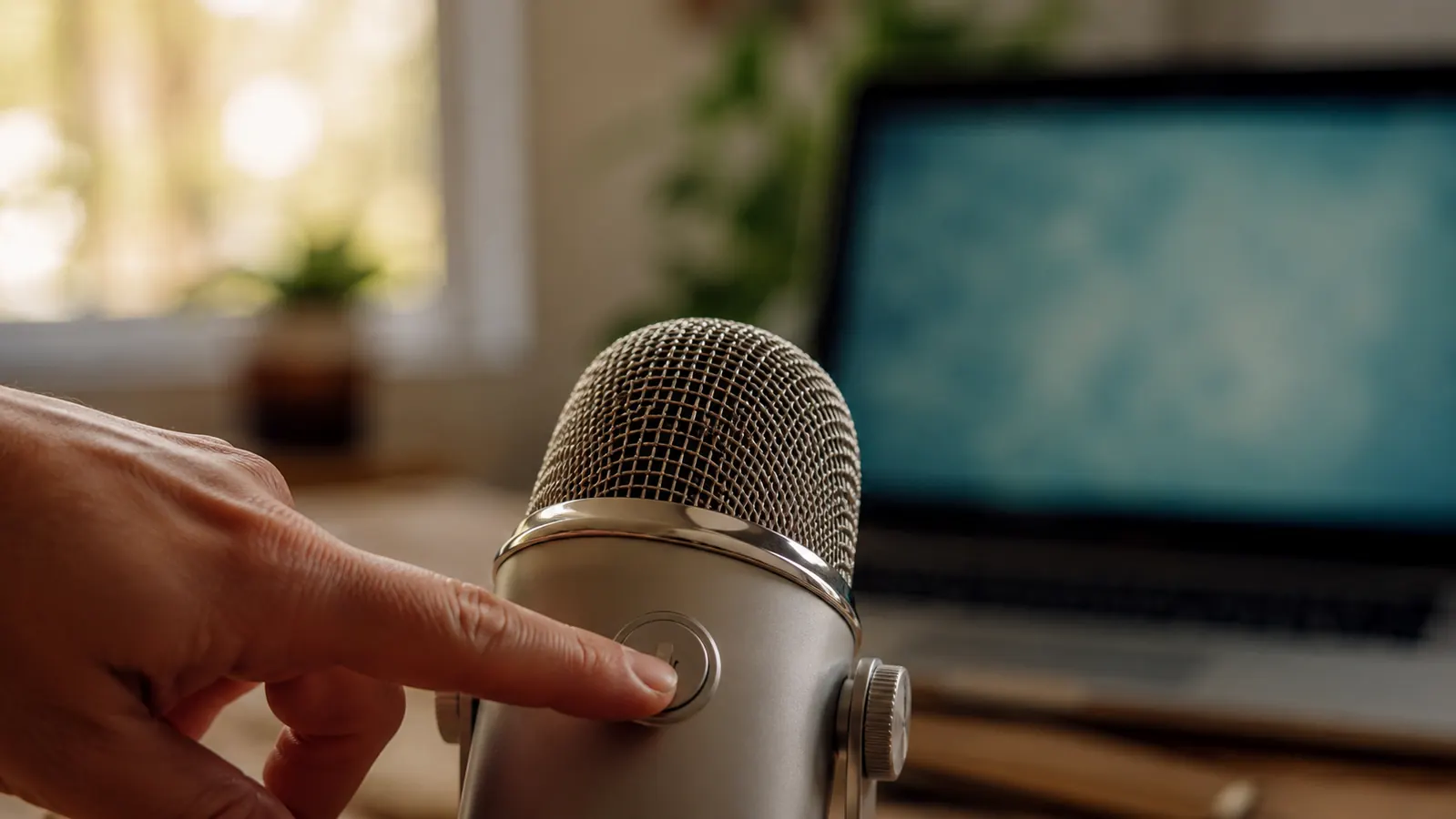 Close-up of a finger pressing the physical mute button on top of a desktop USB microphone before a call
