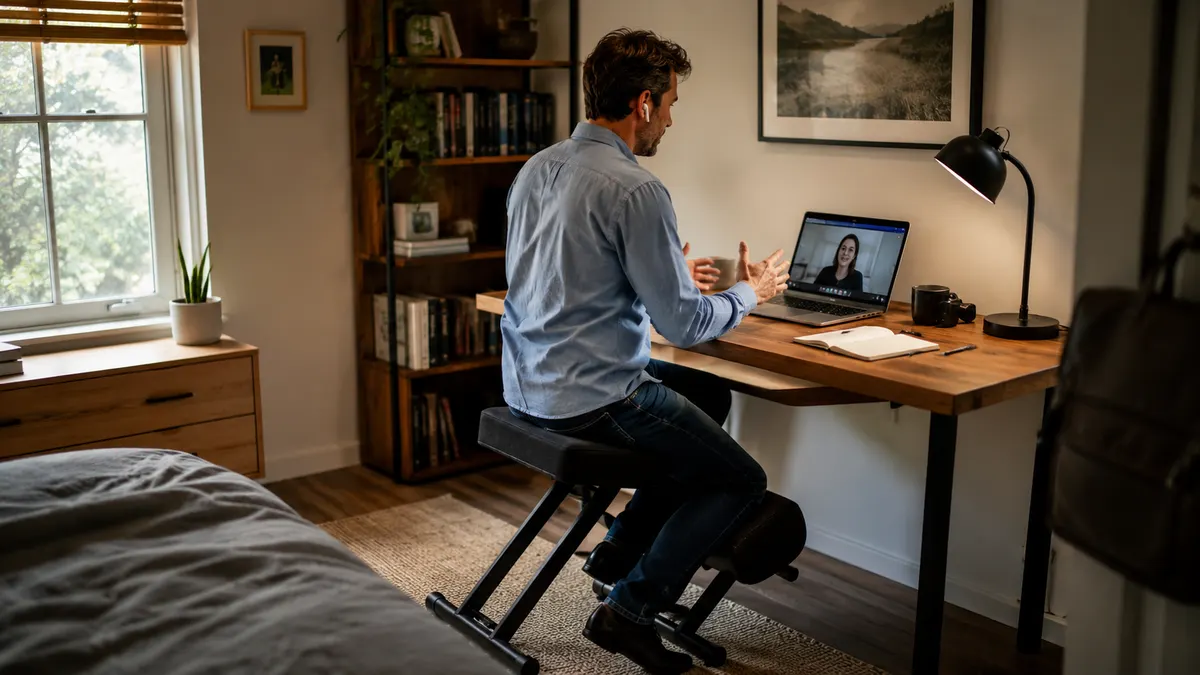 Remote worker sitting upright on a kneeling chair at a home office desk during a video call