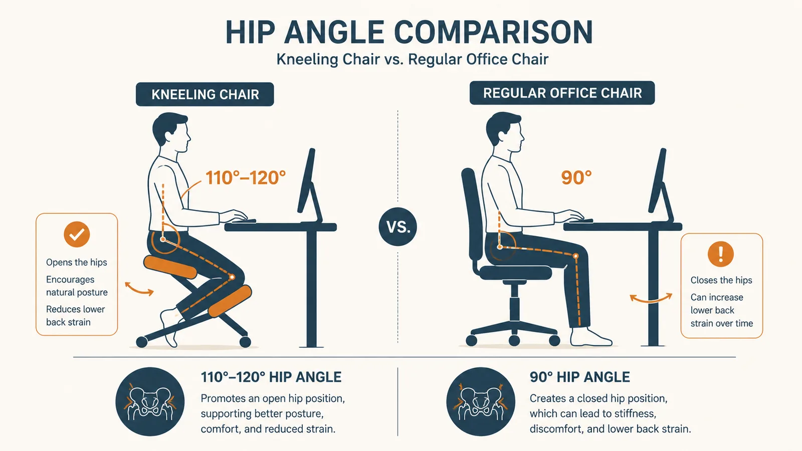 Chart comparing hip angle and posture support between a kneeling chair and a regular office chair