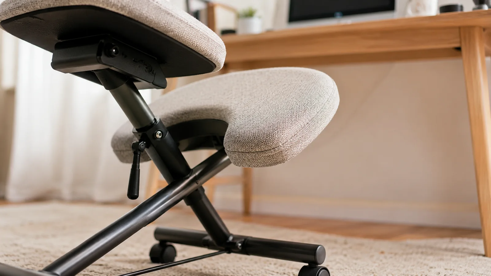 Close-up of the adjustable knee pad and seat tilt mechanism on the NYPOT kneeling chair