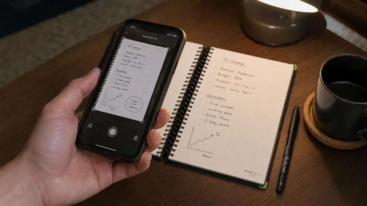 Hand holding a phone at an angle over a page of the Rocketbook Flip to scan it into the app