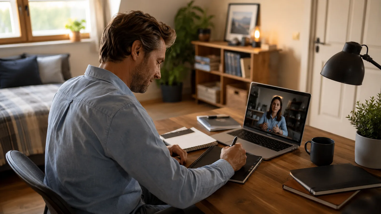 Remote worker taking notes with a pen on a reusable smart notepad during a video call at a tidy home office desk