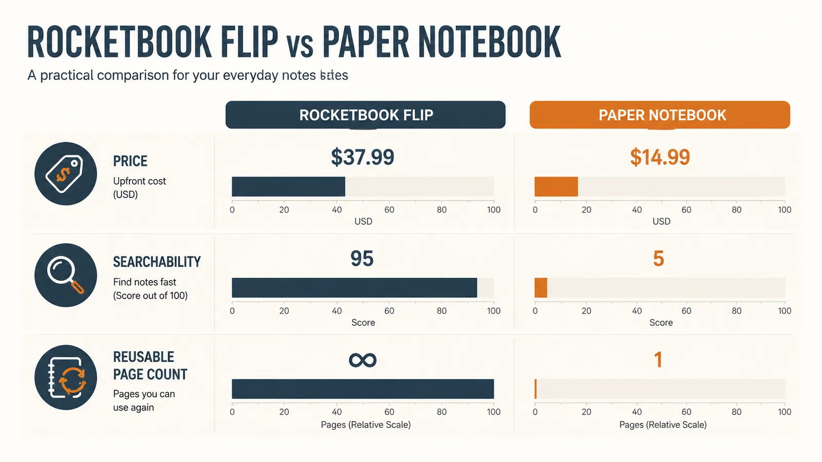 Chart comparing the Rocketbook Flip and a paper notebook on price, searchability, and reusable pages