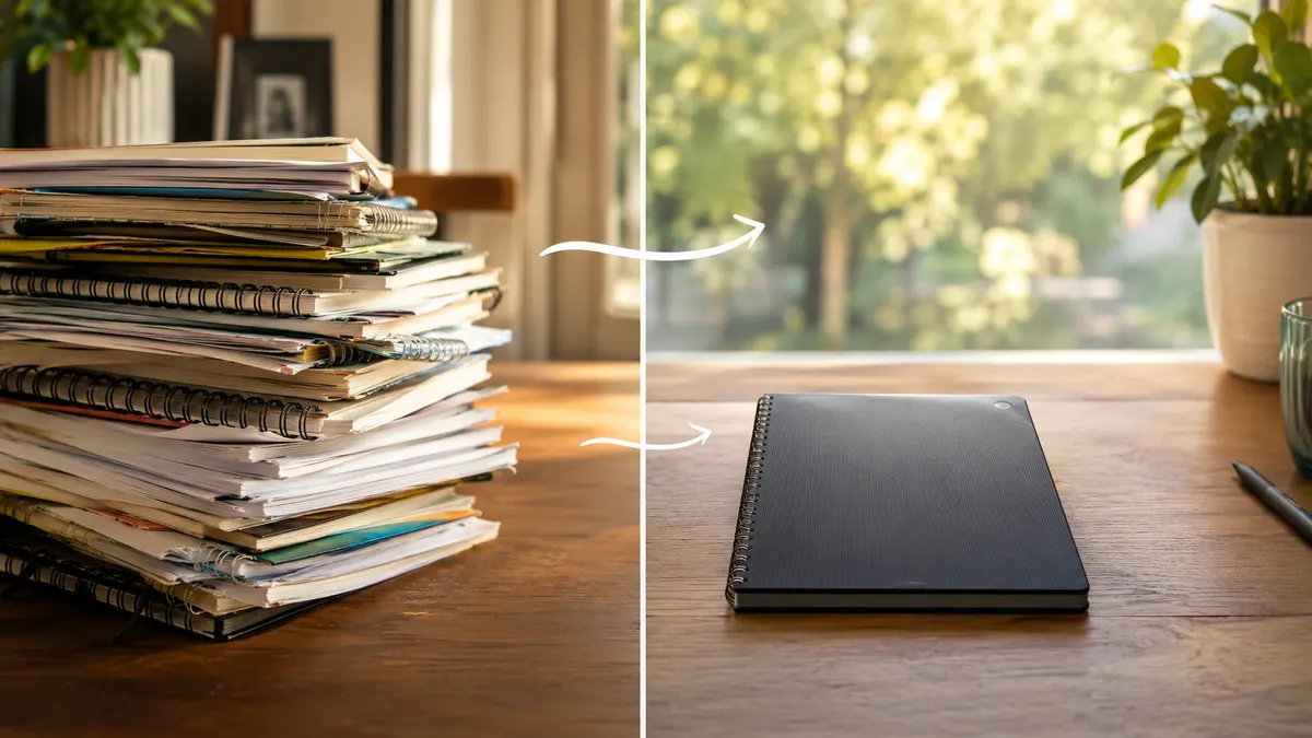 A stack of old paper notebooks pushed aside next to a single Rocketbook Flip on a cleared desk