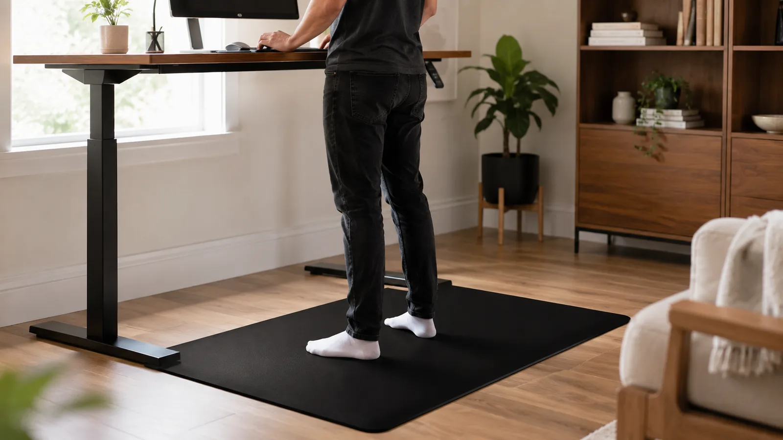 A plain anti-fatigue mat under a standing desk in a home office